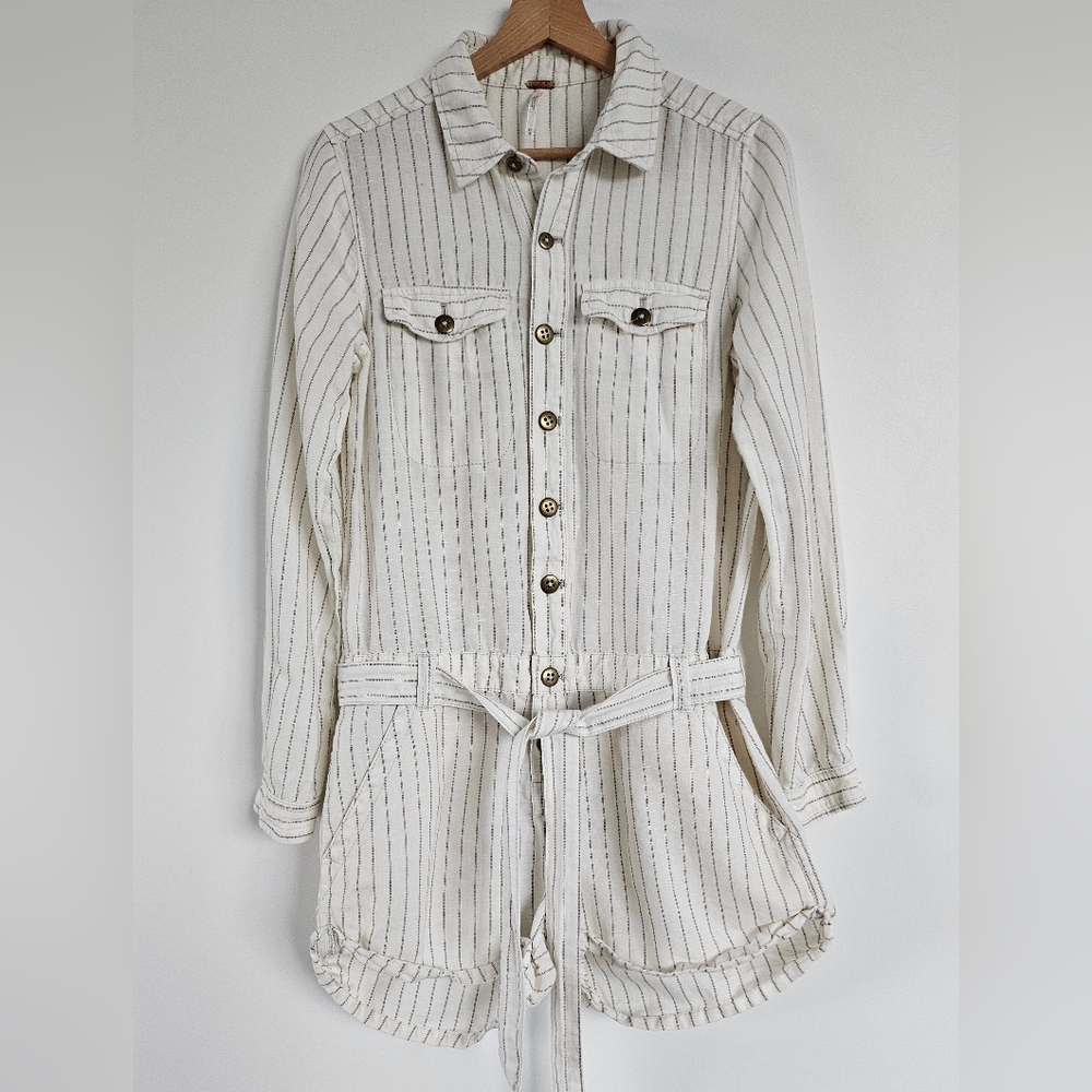 Free People Romper Sz XS/TP Button Front Cream Striped Long Sleeve Belted